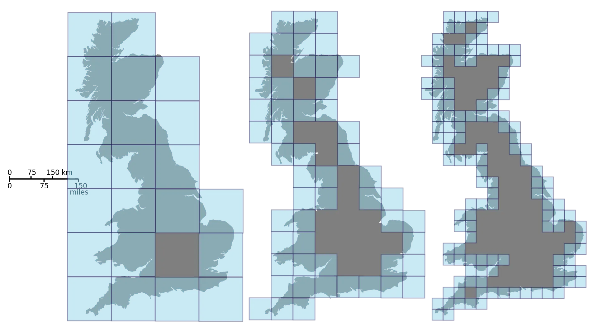 Illustration of the box-counting algorithm using the Great-Britain map contour