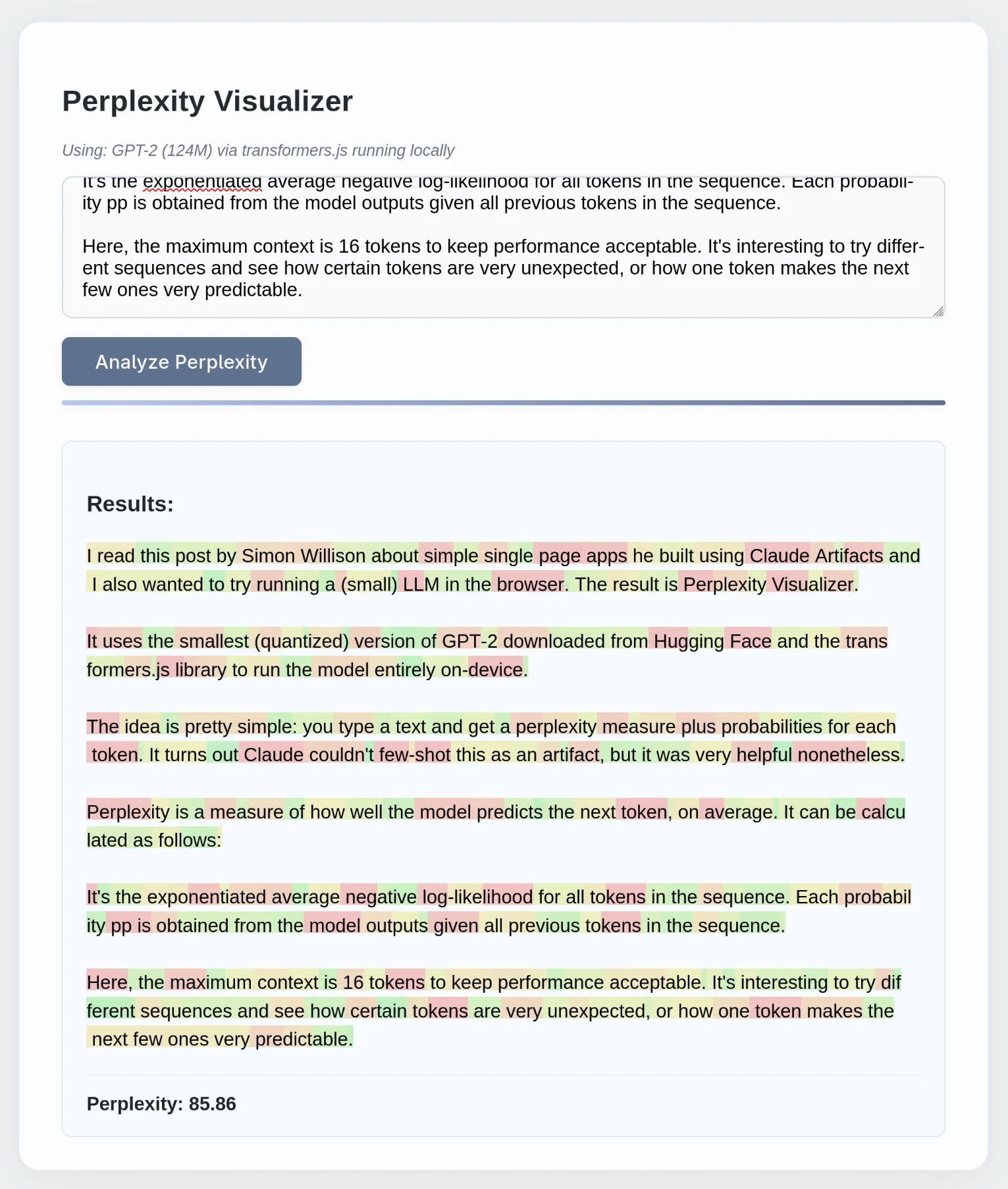 Screenshot of perplexity visualizer